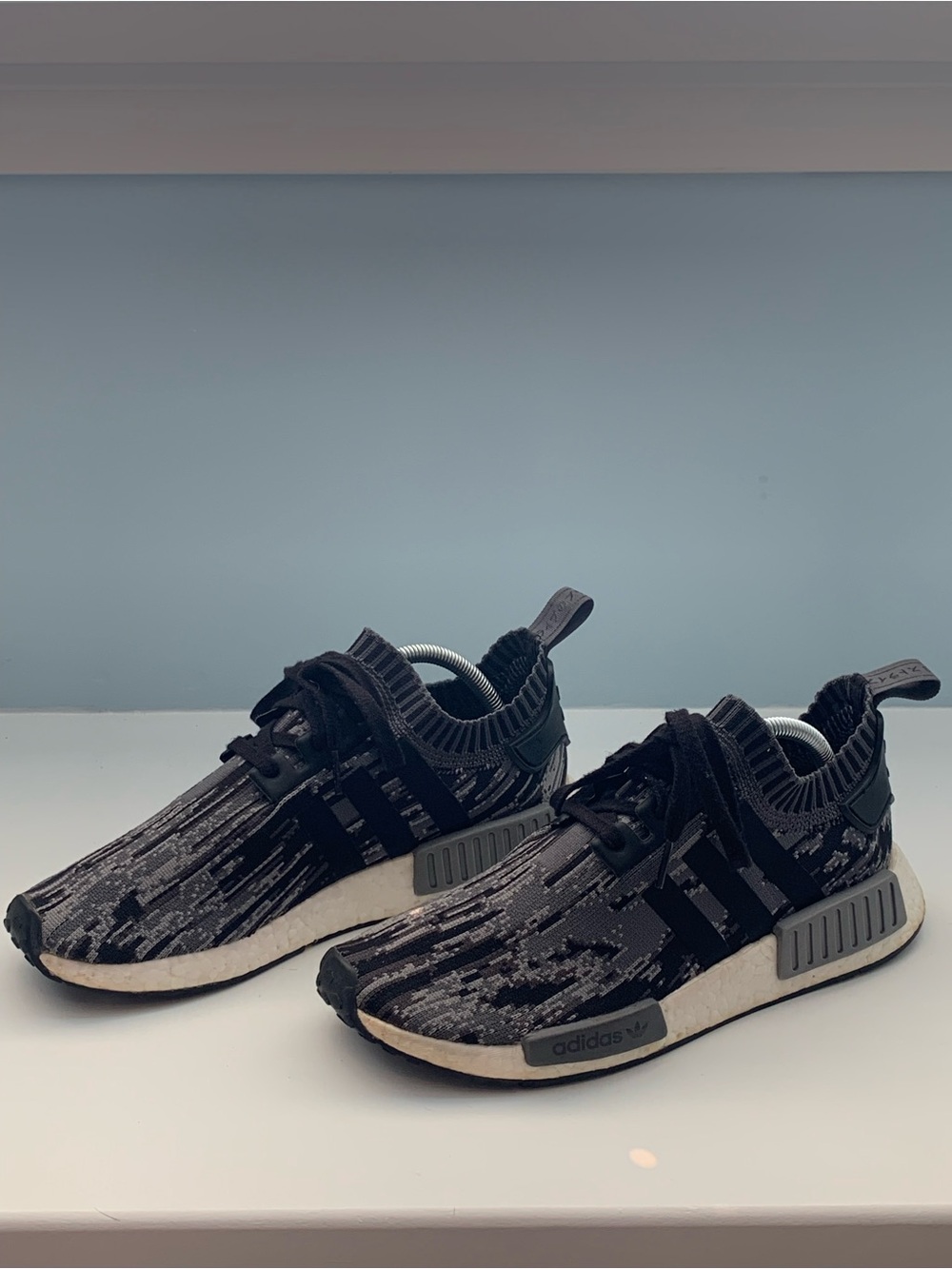 adidas Black and Gray primeknit NMD’s Patterned Slip-On Sneakers
